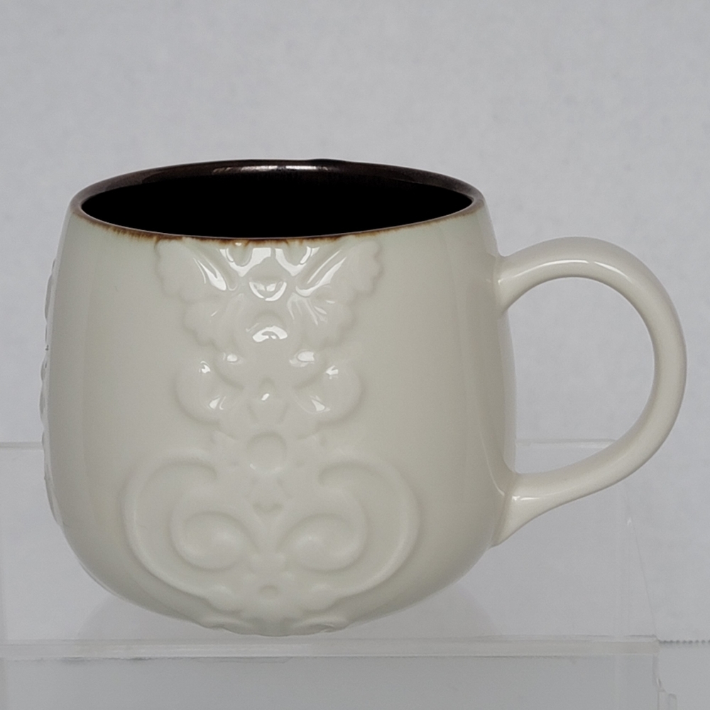 Starbucks 2013 Casi Cielo White Embossed Floral Bronze Coffee Cup Mug 12oz